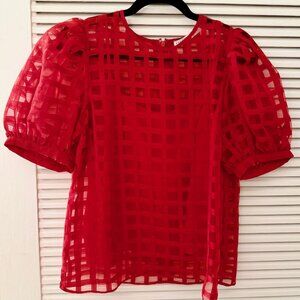English Factory Plaid Sheer Puff Sleeve Top